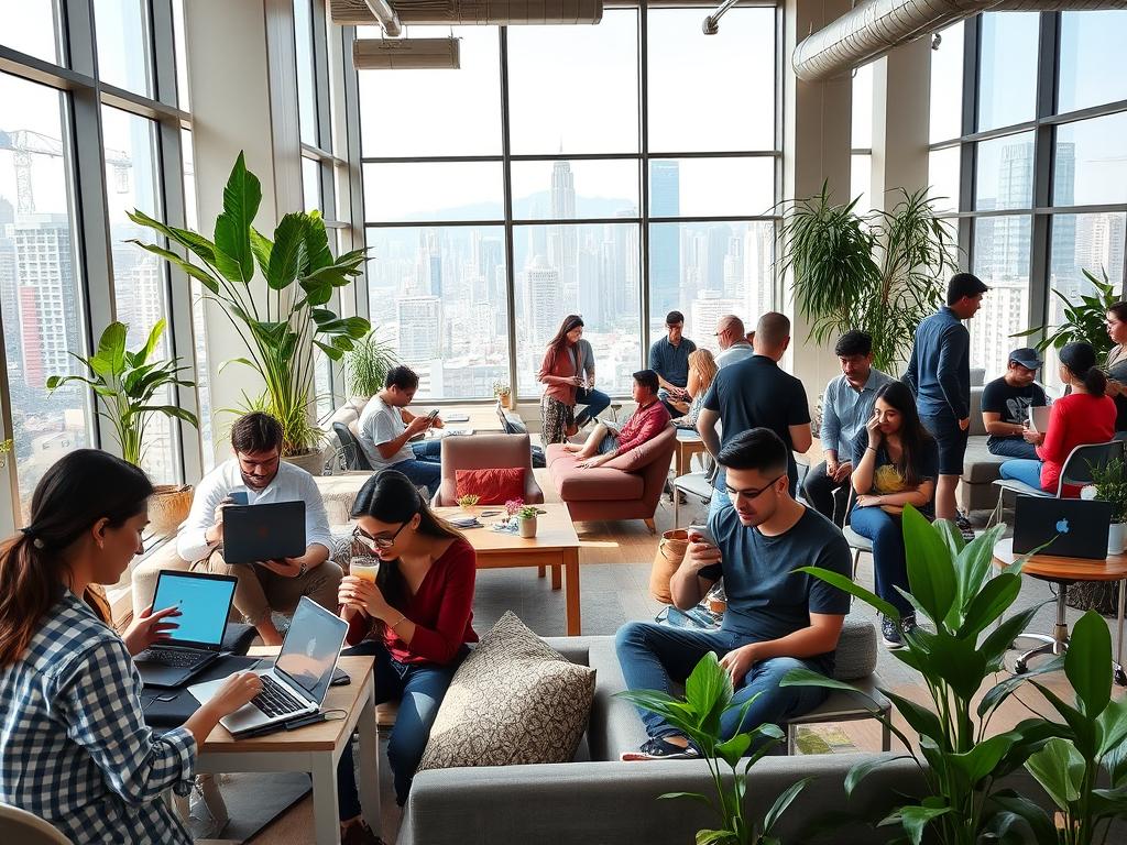 A bustling digital nomad workspace, flooded with natural light from large windows. In the foreground, a group of young professionals collaborating on laptops and smartphones, surrounded by potted plants and ergonomic furniture. In the middle ground, a mix of cozy lounge areas and standing desks, people immersed in their work, sipping from reusable mugs. The background features a vibrant city skyline, hinting at the global connectivity and flexibility of this modern lifestyle. The scene exudes a sense of focused productivity, creativity, and a balance of work and well-being.