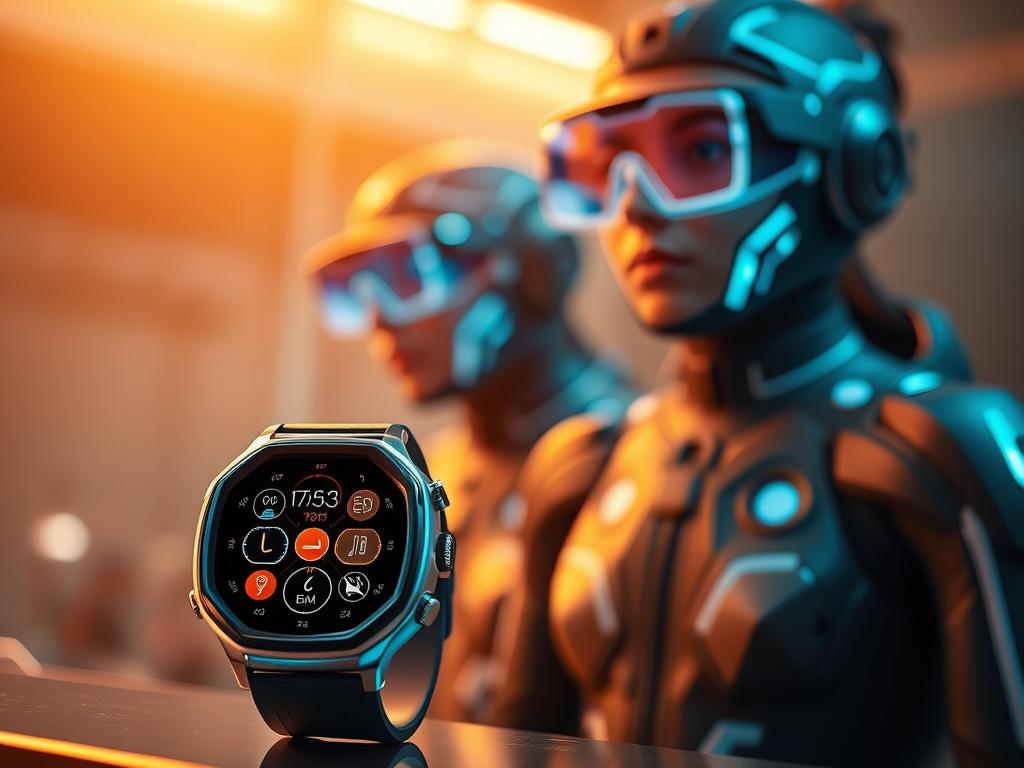 A captivating scene of innovative wearables for the year 2025. In the foreground, a sleek smartwatch with a vibrant, high-resolution display showcases a dazzling array of customizable features and intelligent functions. Behind it, a pair of augmented reality glasses projects a holographic interface, blending digital information seamlessly with the real world. In the background, a flexible, breathable smartsuit with integrated sensors tracks the wearer's vital signs and environmental data, providing real-time feedback. The scene is bathed in a warm, futuristic glow, creating a sense of wonder and technological prowess. The lighting is soft and diffused, highlighting the clean lines and advanced materials of these cutting-edge wearable devices.