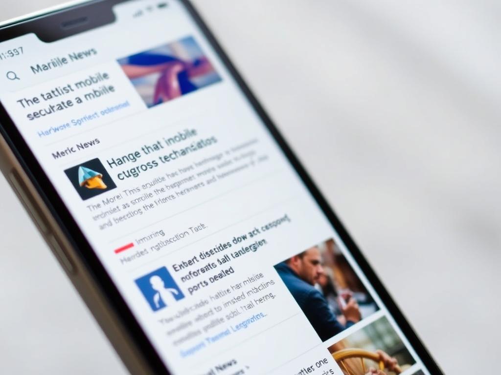 A close-up view of a smartphone screen displaying various news headlines and notifications, with a clean and modern user interface. The screen is well-lit, with a soft, natural lighting that highlights the details of the device. The background is blurred, creating a sense of depth and focus on the smartphone. The news content should reflect the latest updates and developments in the mobile technology landscape, with a balanced mix of hardware, software, and industry news. The overall mood is informative and engaging, capturing the essence of staying up-to-date with the latest mobile news and technology advancements. A close-up view of a smartphone screen displaying various news headlines and notifications, with a clean and modern user interface. The screen is well-lit, with a soft, natural lighting that highlights the details of the device. The background is blurred, creating a sense of depth and focus on the smartphone. The news content should reflect the latest updates and developments in the mobile technology landscape, with a balanced mix of hardware, software, and industry news. The overall mood is informative and engaging, capturing the essence of staying up-to-date with the latest mobile news and technology advancements.