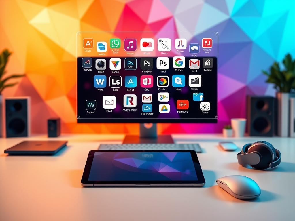 A contemporary digital workspace filled with a diverse array of free creative tools. In the foreground, a minimalist workstation with a modern tablet device, sleek wireless mouse, and a stylish pair of over-ear headphones. The middle ground showcases a floating holographic display of various design, photo editing, and productivity apps. In the background, a vibrant, abstract geometric pattern serves as a dynamic backdrop, creating a futuristic and inspirational atmosphere. Warm, indirect lighting illuminates the scene, casting a soft, inviting glow. The overall composition conveys a sense of efficiency, creativity, and the seamless integration of digital tools in a modern, distraction-free work environment.