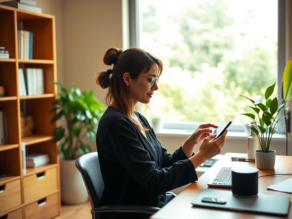 A cozy home office scene with a woman sitting at a desk, using an Alexa-enabled device to manage her daily tasks and productivity. The room is well-lit with warm, natural lighting from a large window overlooking a lush, green garden. Shelves lining the walls are neatly organized, and a potted plant adds a touch of greenery. The woman appears focused, her gaze fixed on the device as she interacts with Alexa's intuitive interface, efficiently checking off her to-do list and setting reminders. The overall atmosphere is one of calm, uncluttered productivity, showcasing how Alexa can seamlessly integrate into a modern, organized workspace.