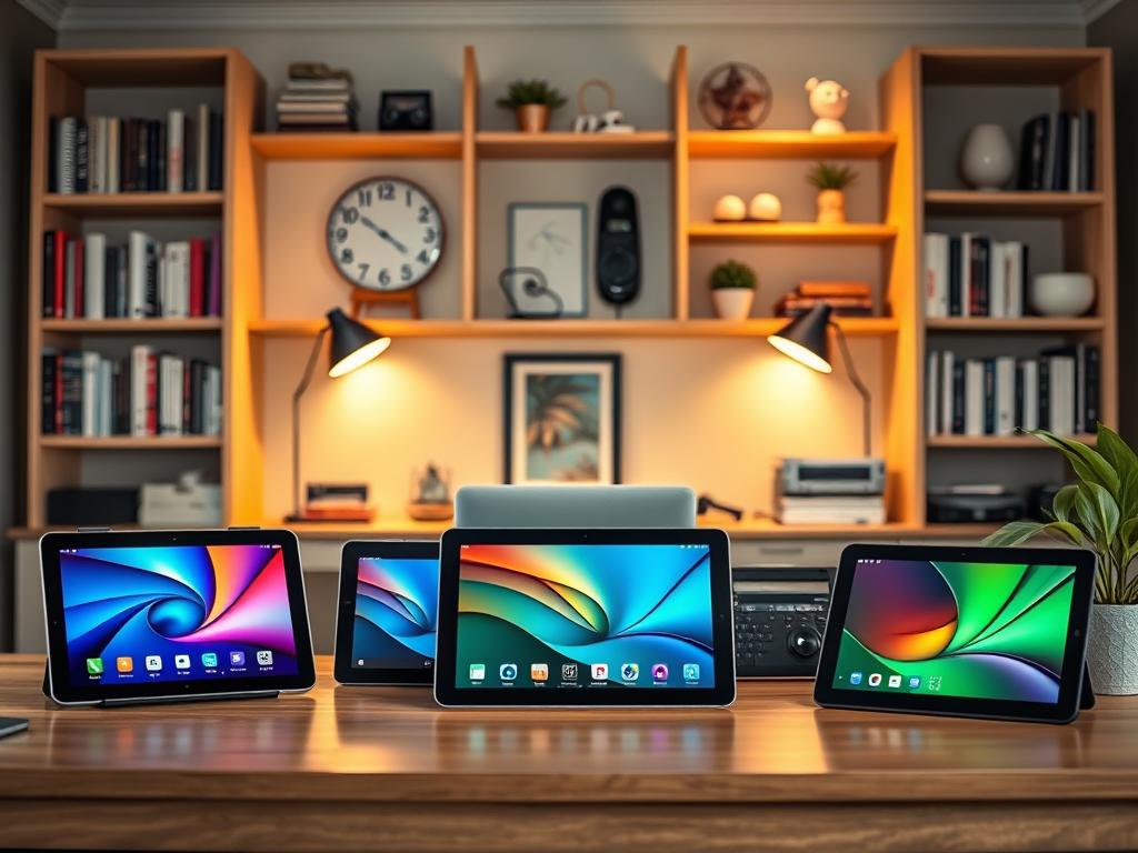 A cozy home office setting, with a desk displaying several affordable tablet devices in the foreground. The tablets are arranged neatly, showcasing their sleek designs and vibrant displays. The middle ground features a warm, natural lighting setup, casting a soft glow on the products. In the background, shelves lined with books and decorative elements create a professional, yet inviting atmosphere. The overall composition conveys a sense of accessibility and value, reflecting the "Neueste Angebote für günstige Tablets" theme.