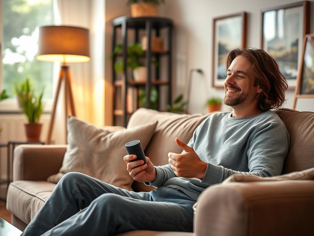 A cozy living room scene with a person sitting comfortably on a plush sofa, engaging with Alexa, the AI assistant, on their smart home device. Warm lighting from a floor lamp and natural sunlight filtering through a window create a relaxed, inviting atmosphere. In the background, a bookshelf, potted plants, and framed artwork suggest a well-appointed, modern space. The person's expression is one of content and interest as they interact with Alexa, surrounded by the conveniences and comforts of their smart home setup.
