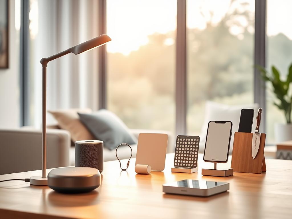 A cozy, well-lit living room showcasing an array of modern, functional lifestyle gadgets for better home living. In the foreground, a sleek, minimalist desk lamp casts a warm glow, accompanied by a compact wireless speaker and a stylish smart home hub. In the middle ground, a series of elegant, space-saving organizational tools, such as a magnetic knife rack and a compact, adjustable phone stand, are neatly displayed. The background features a large window overlooking a serene outdoor scene, allowing natural light to fill the room and create a calming, inviting atmosphere. The overall composition conveys a sense of balance, efficiency, and a desire to enhance the quality of everyday living through thoughtfully designed home accessories.