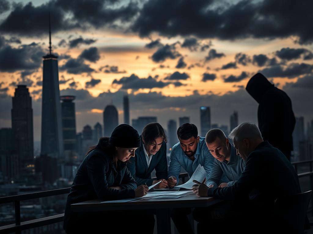 A dark, ominous city skyline at dusk, with towering skyscrapers and foreboding clouds overhead. In the foreground, a group of people huddled around a table, examining various financial documents and digital devices, their expressions grave and concerned. The lighting is dramatic, casting deep shadows and highlighting the tension in the scene. In the background, a looming, faceless figure represents the unpredictable and potentially dangerous nature of the cryptocurrency market. The overall atmosphere conveys a sense of unease and the risks associated with this volatile financial landscape.