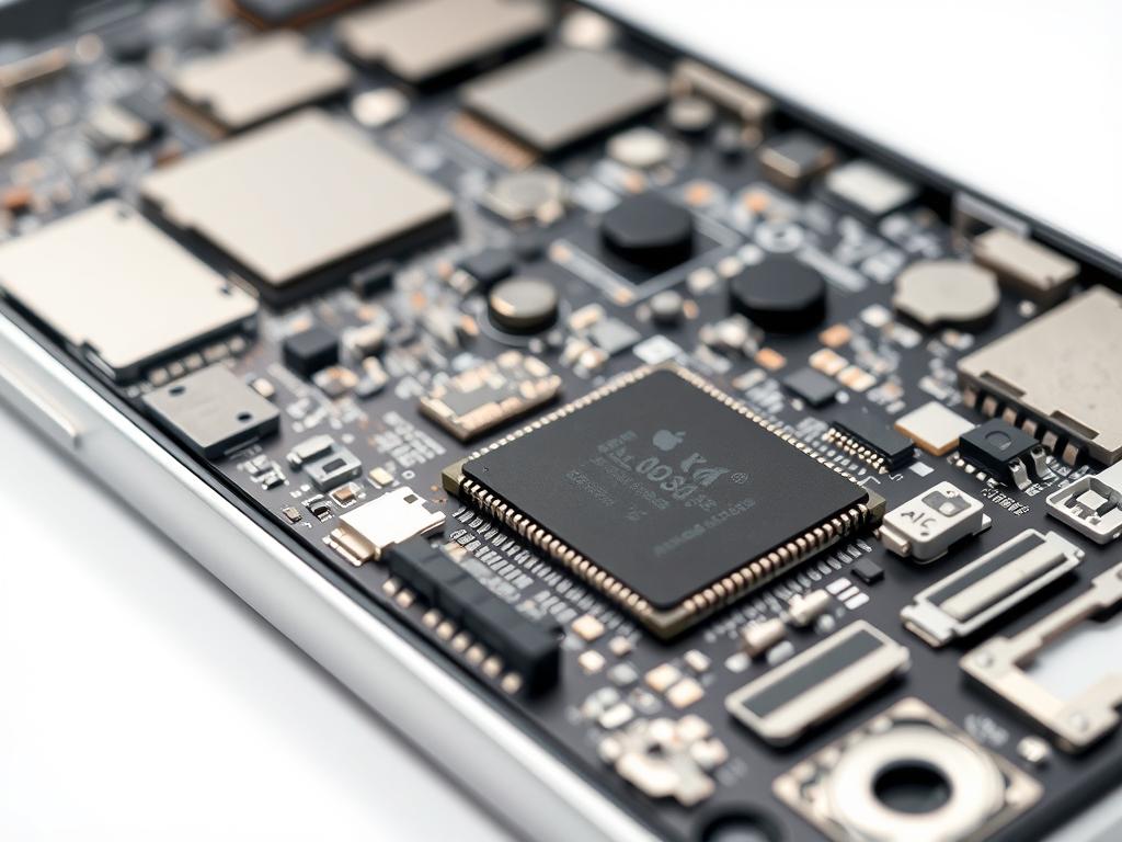 A detailed, high-resolution image of an iPhone's internal components, showcasing its technical specifications and hardware details. The foreground features the iPhone's main circuit board, processor, memory chips, and other integrated circuits, all meticulously rendered in a clean, technical style. The midground includes various sensors, connectors, and other hardware elements, while the background depicts the iPhone's casing and chassis, revealing its internal structure and engineering. The lighting is bright and evenly distributed, highlighting the precision and complexity of the iPhone's design. The overall composition emphasizes the iPhone's technological sophistication and the careful engineering that goes into its construction. A detailed, high-resolution image of an iPhone's internal components, showcasing its technical specifications and hardware details. The foreground features the iPhone's main circuit board, processor, memory chips, and other integrated circuits, all meticulously rendered in a clean, technical style. The midground includes various sensors, connectors, and other hardware elements, while the background depicts the iPhone's casing and chassis, revealing its internal structure and engineering. The lighting is bright and evenly distributed, highlighting the precision and complexity of the iPhone's design. The overall composition emphasizes the iPhone's technological sophistication and the careful engineering that goes into its construction.