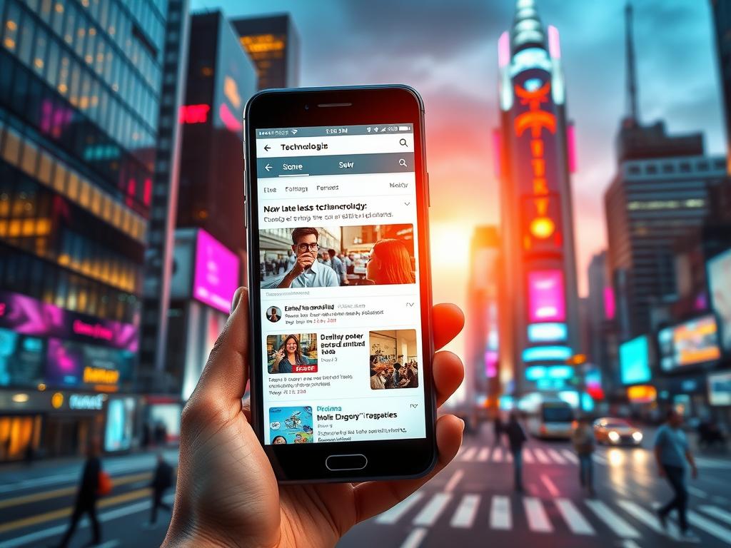 A dynamic cityscape with a striking smartphone display in the foreground, showcasing a news feed highlighting the latest mobile technology trends. The screen is illuminated by warm, ambient lighting, drawing the viewer's attention. In the middle ground, a bustling urban environment with skyscrapers and pedestrians, symbolizing the integration of technology into modern life. The background features a vibrant, futuristic skyline, hinting at the rapid advancements in the field of mobile technology. The overall composition conveys a sense of progress, innovation, and the seamless integration of digital information into our daily lives. A dynamic cityscape with a striking smartphone display in the foreground, showcasing a news feed highlighting the latest mobile technology trends. The screen is illuminated by warm, ambient lighting, drawing the viewer's attention. In the middle ground, a bustling urban environment with skyscrapers and pedestrians, symbolizing the integration of technology into modern life. The background features a vibrant, futuristic skyline, hinting at the rapid advancements in the field of mobile technology. The overall composition conveys a sense of progress, innovation, and the seamless integration of digital information into our daily lives.