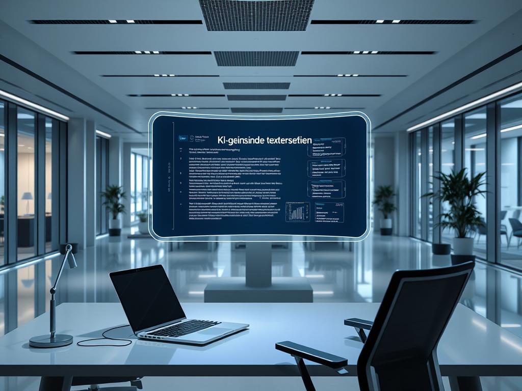 A futuristic, sleek workspace with a central holographic display showcasing "KI-gestützte texterstellung". In the foreground, a minimalist desk with a high-end laptop, sleek peripherals, and a stylish office chair. The middle ground features a large, curved monitor displaying text generation algorithms and data visualizations. The background depicts a modern, open-plan office with floor-to-ceiling windows, ambient lighting, and a subtle color palette of grays, blues, and whites, conveying a sense of technological sophistication and efficiency. The overall atmosphere is one of cutting-edge innovation, productivity, and the seamless integration of AI-powered writing tools.