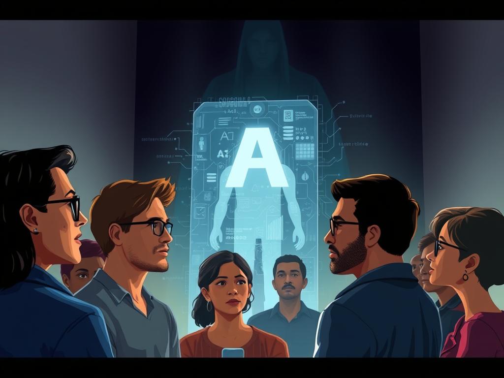 A high-fidelity digital illustration depicting the ethical challenges and data quality issues surrounding the use of AI technology. The foreground shows a group of diverse people engaged in thoughtful discussion, their expressions conveying a sense of concern and contemplation. The middle ground features a translucent AI interface, with data visualizations and algorithms flowing through it. In the background, a shadowy figure representing the potential risks and biases of AI looms, casting an ominous presence. The lighting is soft and atmospheric, creating a contemplative mood. The overall composition emphasizes the complex interplay between human values, data integrity, and the responsible development of AI systems.