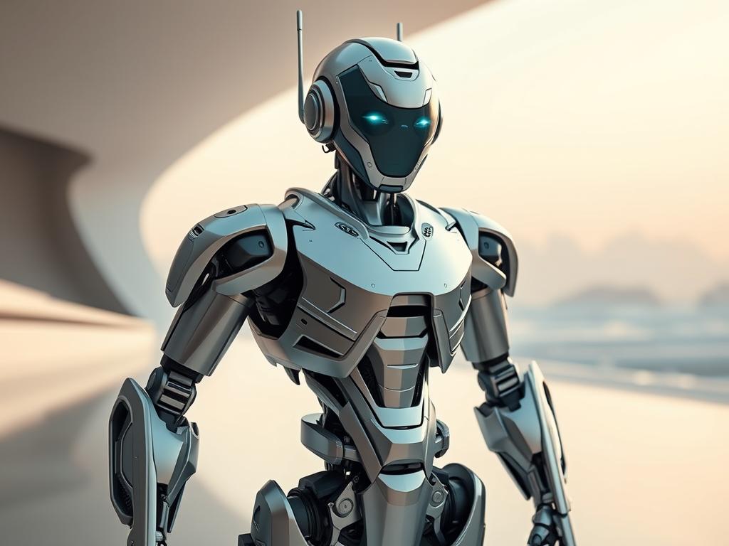 A highly adaptable and versatile android, standing confidently in a sleek, futuristic environment. The android's chassis is made of a gleaming, metallic alloy, with intricate panels and joints that allow for a wide range of motion and flexibility. Soft, ambient lighting bathes the scene, casting gentle shadows and highlights that accentuate the android's advanced mechanical design. In the background, a minimalist, high-tech landscape, with clean lines and subtle technological elements, suggests the android's cutting-edge capabilities and seamless integration with modern technology. The android's expressive, intelligent gaze conveys a sense of adaptability, versatility, and the promise of endless possibilities.