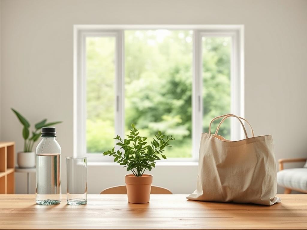 A minimalist, natural-lit interior scene showcasing everyday sustainable consumption tips. In the foreground, a wooden table displays a reusable water bottle, cloth grocery bags, and a potted plant. The middle ground features a large window overlooking a lush, green outdoor landscape. Soft, diffused daylight filters through, creating a tranquil, serene atmosphere. The background subtly hints at a modern, clutter-free living space with muted tones and clean lines. The overall composition emphasizes simplicity, functionality, and a connection to nature - embodying the "less is more" philosophy of sustainable everyday living.
