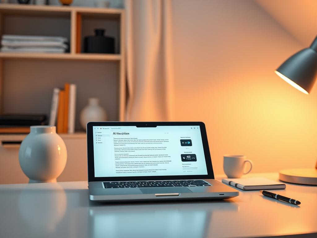 A modern AI-powered writing assistant sitting on a minimalist desk, its sleek interface glowing softly against a backdrop of serene, Nordic-inspired decor. Warm, diffused lighting casts a gentle, productive atmosphere, while the assistant's intuitive, user-friendly controls suggest seamless integration into the creative writing process. The scene conveys efficiency, focus, and the empowering potential of AI-driven tools to enhance the writer's workflow. A modern AI-powered writing assistant sitting on a minimalist desk, its sleek interface glowing softly against a backdrop of serene, Nordic-inspired decor. Warm, diffused lighting casts a gentle, productive atmosphere, while the assistant's intuitive, user-friendly controls suggest seamless integration into the creative writing process. The scene conveys efficiency, focus, and the empowering potential of AI-driven tools to enhance the writer's workflow.