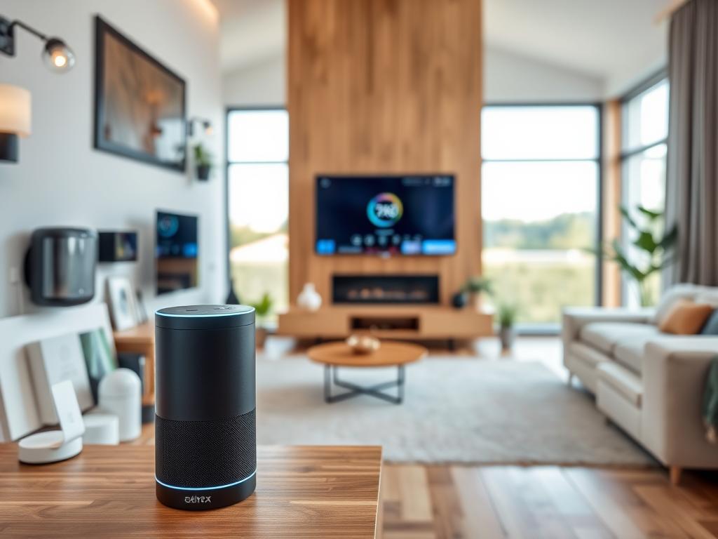 A modern and minimalist smart home interior, showcasing a variety of Alexa-compatible devices. In the foreground, a sleek, voice-controlled smart speaker sits on a minimalist wooden side table, its LED indicator glowing softly. Surrounding it, an array of connected devices such as a smart lighting system, a smart thermostat, and a smart home hub, all seamlessly integrated into the clean, contemporary design. In the middle ground, a large, high-definition smart TV mounted on the wall, its screen displaying a simple, intuitive Alexa interface. In the background, a panoramic view of a stylish, open-concept living space, with large windows allowing natural light to flood the room. The overall atmosphere is one of effortless connectivity and technological harmony, reflecting the ease and convenience of the Alexa smart home experience.