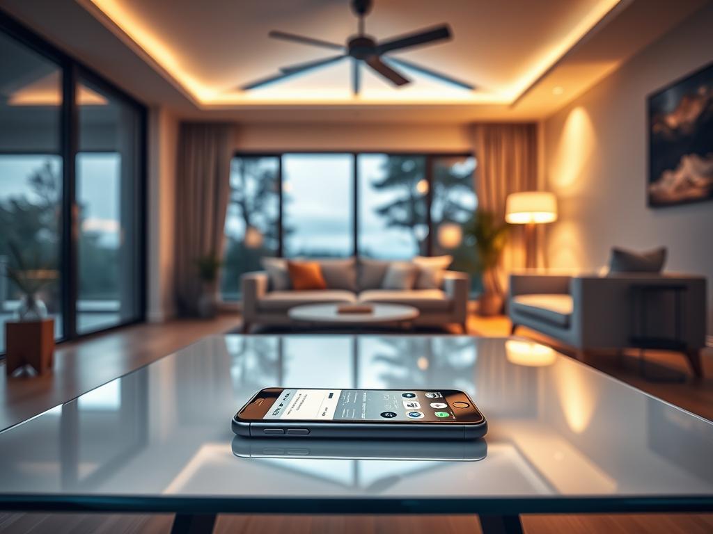 A modern, minimalist home interior with a well-lit living room. The focus is on a smartphone in the foreground, resting on a sleek, glass-topped coffee table. The smartphone's screen displays a mobile app interface for controlling various smart lighting fixtures around the room. The lighting is a mix of warm, soft overhead illumination and indirect accent lighting, creating a cozy, inviting atmosphere. The middle ground features a comfortable sofa and armchair, and the background shows large windows overlooking a tranquil, natural landscape. The overall scene conveys a sense of technological convenience and seamless home automation.