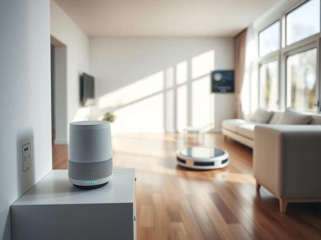A modern, minimalist living room filled with sleek, white smart home devices. In the foreground, a voice-controlled virtual assistant sits atop a floating shelf, its LED indicator pulsing gently. Behind it, a cutting-edge robotic vacuum silently glides across the hardwood floor, navigating autonomously. Mounted on the wall, a high-tech touchscreen panel controls the lighting, temperature, and security systems. Sunlight streams in through large windows, casting a warm, natural glow over the scene. The overall impression is one of effortless, intelligent automation - a seamless integration of technology into the domestic space.