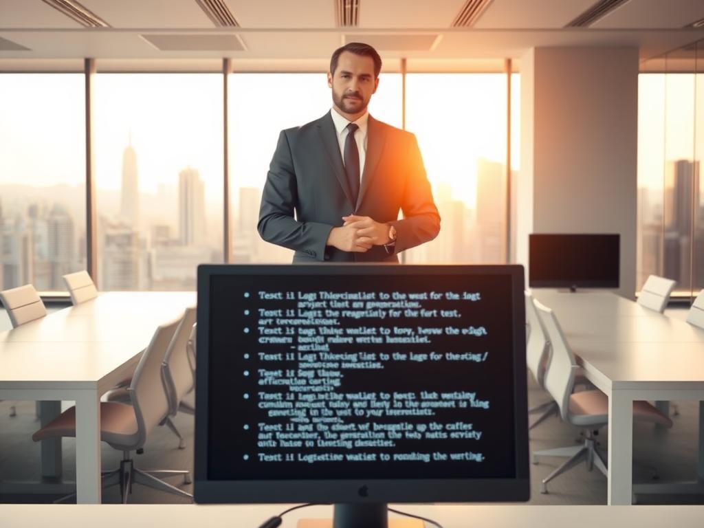 A modern, minimalist office interior with sleek white desks and chairs. In the foreground, a computer screen displays lines of text being generated automatically, the cursor blinking as new words appear. In the middle ground, a businessman in a crisp suit stands, hands clasped, observing the process with a pensive expression. The background features floor-to-ceiling windows overlooking a bustling city skyline, bathed in warm, golden light streaming in. The overall mood is one of efficiency, innovation, and the power of technology to revolutionize the written word.