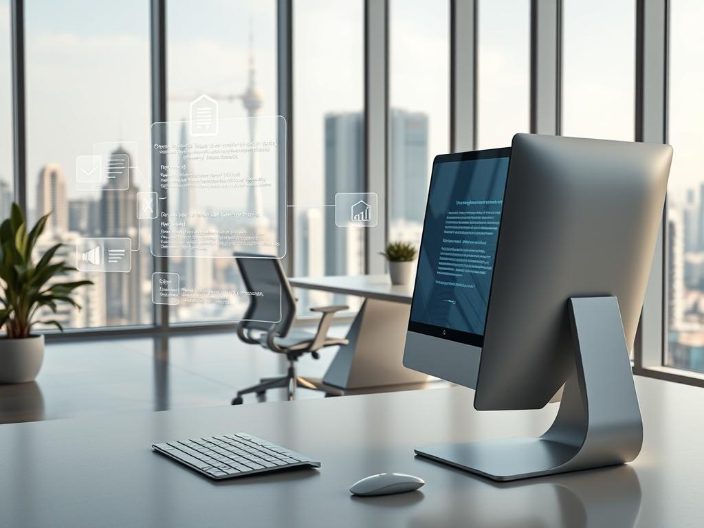 A modern, minimalist office scene showcasing an "automatic writing service". In the foreground, a sleek, silver desktop computer with a seamless touchscreen interface. Holographic displays emanate from the screen, illustrating the automated writing process. In the middle ground, an ergonomic office chair and a minimalist desk with a potted plant and a stylized pen holder. The background features floor-to-ceiling windows, bathing the scene in natural light and offering a view of a futuristic cityscape. The overall atmosphere is one of efficiency, innovation, and the smooth integration of technology into the writing workflow.