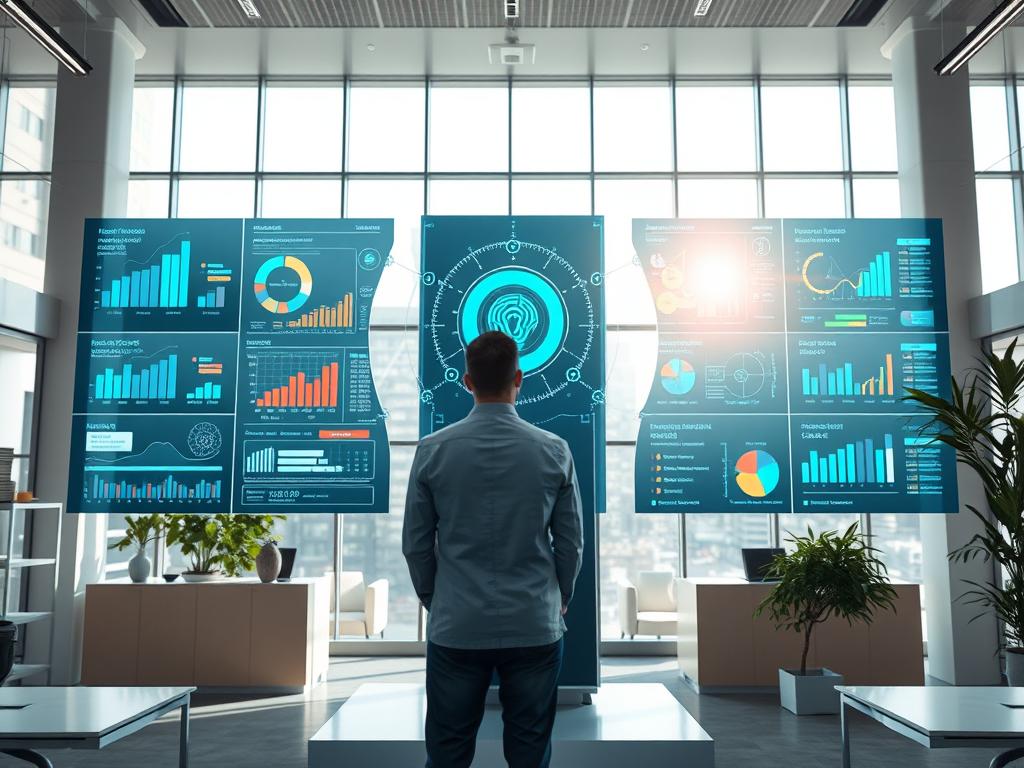A modern office interior with an intelligent digital assistant at the center, surrounded by visualization screens displaying key performance indicators and productivity metrics. The space is illuminated by natural light filtering through large windows, creating a bright and airy atmosphere. In the foreground, a businessperson is interacting with the AI system, utilizing its analytical capabilities to optimize workflows and streamline operations. The overall scene conveys a sense of efficiency, innovation, and the seamless integration of human and artificial intelligence to drive organizational success.