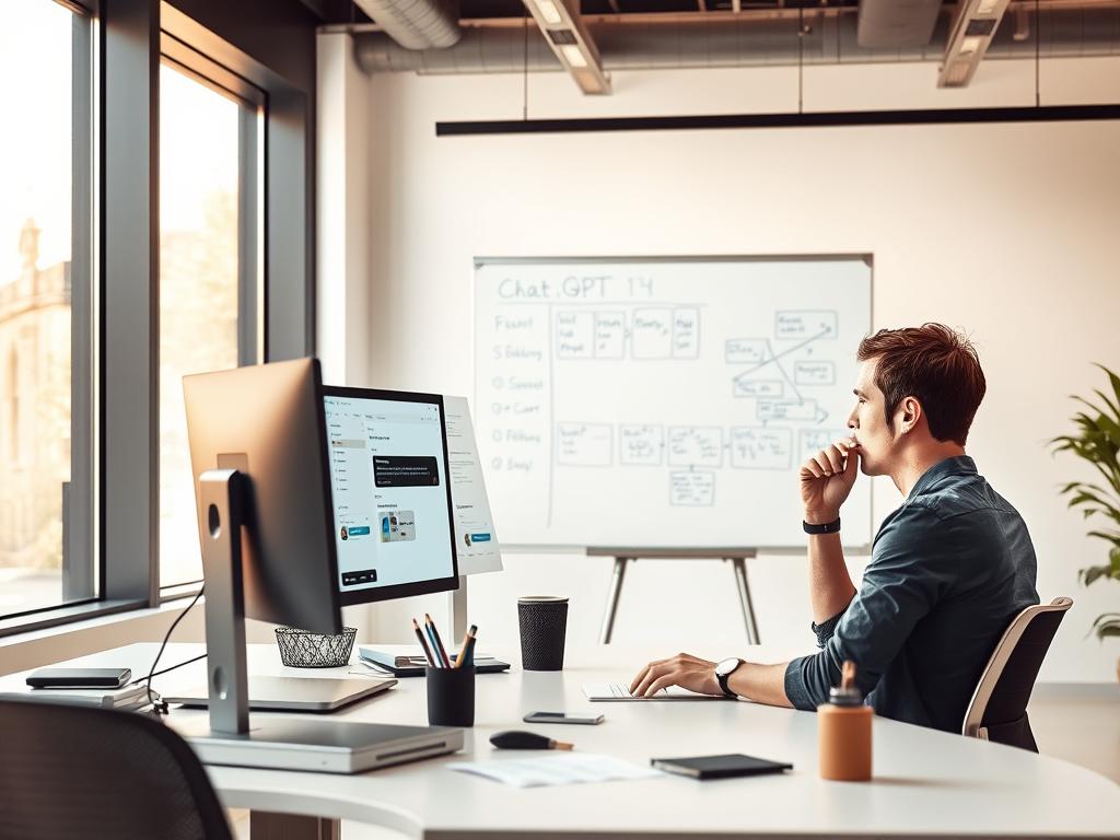 A modern office setting with a desk, computer, and various office supplies. In the foreground, a person is working on the computer, deep in thought. The screen displays a ChatGPT interface, showcasing the seamless integration of the AI assistant into the user's workflow. The middle ground features a whiteboard with notes and diagrams, illustrating the collaborative nature of the integration. The background showcases a sleek, minimalist office environment with large windows, letting in warm, natural lighting that creates a productive and innovative atmosphere. The overall scene conveys the effortless way ChatGPT can be incorporated into existing systems, enhancing productivity and problem-solving capabilities.
