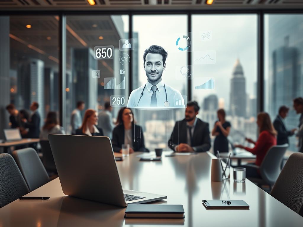 A modern office setting, with a large window overlooking a bustling cityscape. In the foreground, a sleek, minimalist desk with a laptop and various office supplies. Perched atop the laptop is a holographic projection of ChatGPT, its avatar surrounded by floating data visualizations and statistical charts. The middle ground features a team of business professionals, their faces alight with excitement as they collaborate and discuss strategies, aided by the insights and capabilities of the AI assistant. The background is filled with the hum of activity, with other employees engaged in their own tasks, the office abuzz with the integration of this transformative technology. Warm, diffused lighting casts a professional, yet dynamic atmosphere, capturing the potential of ChatGPT to revolutionize the world of business.