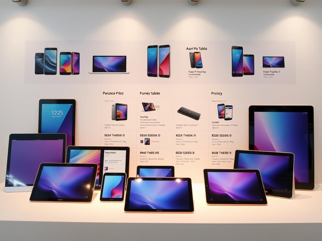 A neatly arranged online shopping display showcasing a variety of affordable tablets. The foreground features an array of sleek, modern tablet devices in various sizes and colors, presented on a clean, minimalist backdrop. The middle ground depicts a selection of device specifications and pricing information, conveying the value proposition of these budget-friendly options. The background subtly suggests an online marketplace interface, with clean grid layouts and intuitive navigation elements. Soft, diffused lighting casts a warm, inviting glow over the scene, creating an atmosphere of accessibility and affordability for the prospective tablet buyer.
