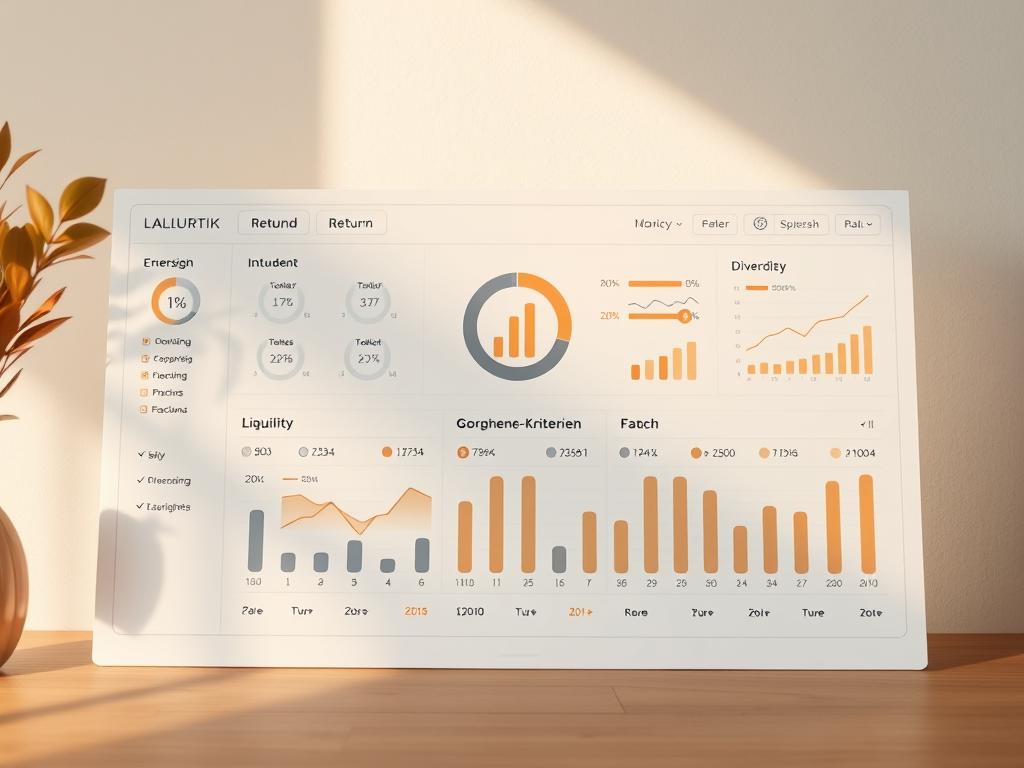A neatly organized financial dashboard with elegant icons and infographic elements, displaying key investment criteria such as risk, return, liquidity, and diversification. The layout is clean and minimalist, with a soft, muted color palette that exudes a sense of professionalism and sophistication. The scene is illuminated by warm, natural lighting, creating a serene and inviting atmosphere. The overall composition guides the viewer's eye through the various investment factors, providing a visually compelling and informative representation of the "Geldanlage-Kriterien" concept.