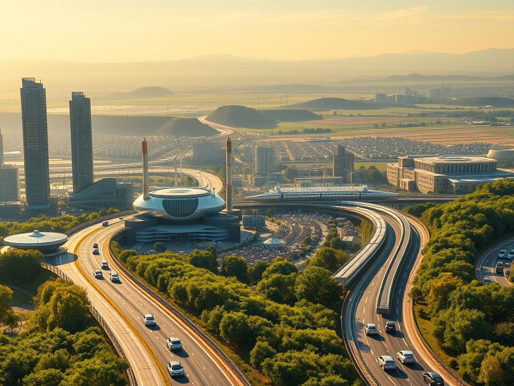 A panoramic view of a futuristic cityscape, bathed in warm, golden sunlight. In the foreground, sleek electric vehicles glide along solar-powered roadways, surrounded by lush greenery and gleaming glass skyscrapers adorned with wind turbines. In the middle ground, automated factories churn out sustainable products, their chimneys emitting only clean, renewable energy. In the background, a sprawling network of high-speed, maglev trains connects the city to the surrounding countryside, where vast solar farms and hydroelectric dams power the region's energy grid. The overall atmosphere conveys a sense of technological progress in harmony with the natural world, a true "green revolution" for the modern age.