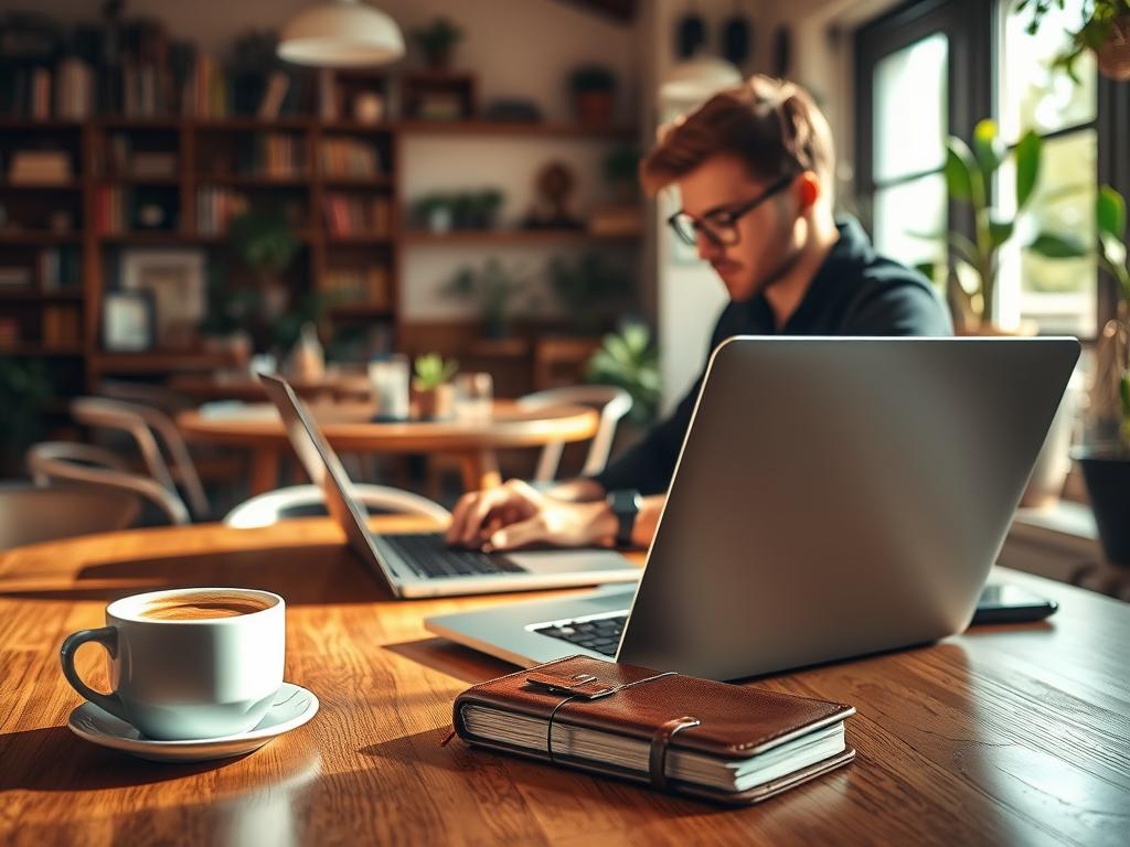 A serene digital nomad's workspace in a cozy, sun-dappled cafe. In the foreground, a stylish laptop, a steaming cup of coffee, and a leather journal rest on a wooden table. The middle ground showcases the nomad, a focused individual typing intently, their face illuminated by the warm glow of the screen. In the background, the cafe's charming interior unfolds, with bookshelves, potted plants, and a blend of modern and vintage decor elements. Soft, diffused lighting creates a tranquil, inviting atmosphere, perfectly capturing the essence of "Ortsunabhängig arbeiten: Grundlagen und Definitionen".