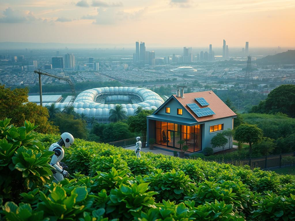 A serene, futuristic landscape depicting sustainable AI-powered solutions. In the foreground, a lush, verdant garden with robotic gardeners tending to the plants. In the middle ground, an energy-efficient smart home with solar panels on the roof, surrounded by a network of autonomous vehicles. In the background, a sprawling city skyline with towering skyscrapers and renewable energy infrastructure. Warm, diffused lighting illuminates the scene, creating a sense of harmony and technological progress. The composition conveys a vision of a sustainable, AI-driven future where nature and technology coexist in balance.