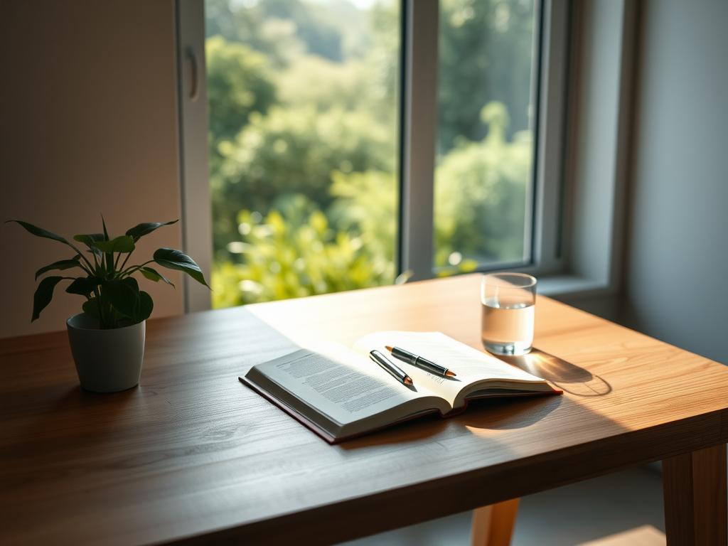 A serene, minimalist office setting with a wooden desk, a large window overlooking a lush green landscape, and a potted plant. On the desk, an open book, a pen, and a glass of water create a calm, focused atmosphere. Soft, natural lighting filters through the window, casting gentle shadows. The scene conveys a sense of tranquility and concentration, perfect for the "Konzentration verbessern" concept. The overall mood is one of mindfulness and productivity. A serene, minimalist office setting with a wooden desk, a large window overlooking a lush green landscape, and a potted plant. On the desk, an open book, a pen, and a glass of water create a calm, focused atmosphere. Soft, natural lighting filters through the window, casting gentle shadows. The scene conveys a sense of tranquility and concentration, perfect for the "Konzentration verbessern" concept. The overall mood is one of mindfulness and productivity.