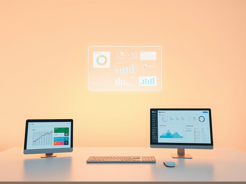 A serene, minimalist scene showcasing a variety of free online data analysis tools. In the foreground, a clean, modern desktop with various intuitive software icons - a spreadsheet, a graph visualization, and a dashboard. The middle ground features a floating holographic display, projecting vivid data visualizations. The background is a soft, gradient-filled sky, creating a calming, focused atmosphere. Warm, ambient lighting illuminates the scene, emphasizing the simplicity and accessibility of these valuable online resources. The overall composition conveys the effortless power of free, web-based data analysis solutions.