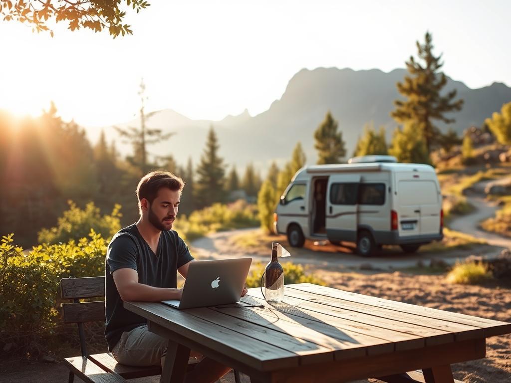 A serene outdoor scene showcasing the everyday life of a digital nomad. In the foreground, a remote worker sits at a wooden table, laptop open, surrounded by lush greenery and a stunning mountain backdrop. Warm sunlight filters through the trees, casting a cozy glow on the scene. In the middle ground, a minimalist, eco-friendly campervan blends seamlessly into the natural setting. The background features a winding path leading into the distance, hinting at the adventurous spirit of the digital nomad lifestyle. The overall mood is one of tranquility, productivity, and a deep connection with the natural world.