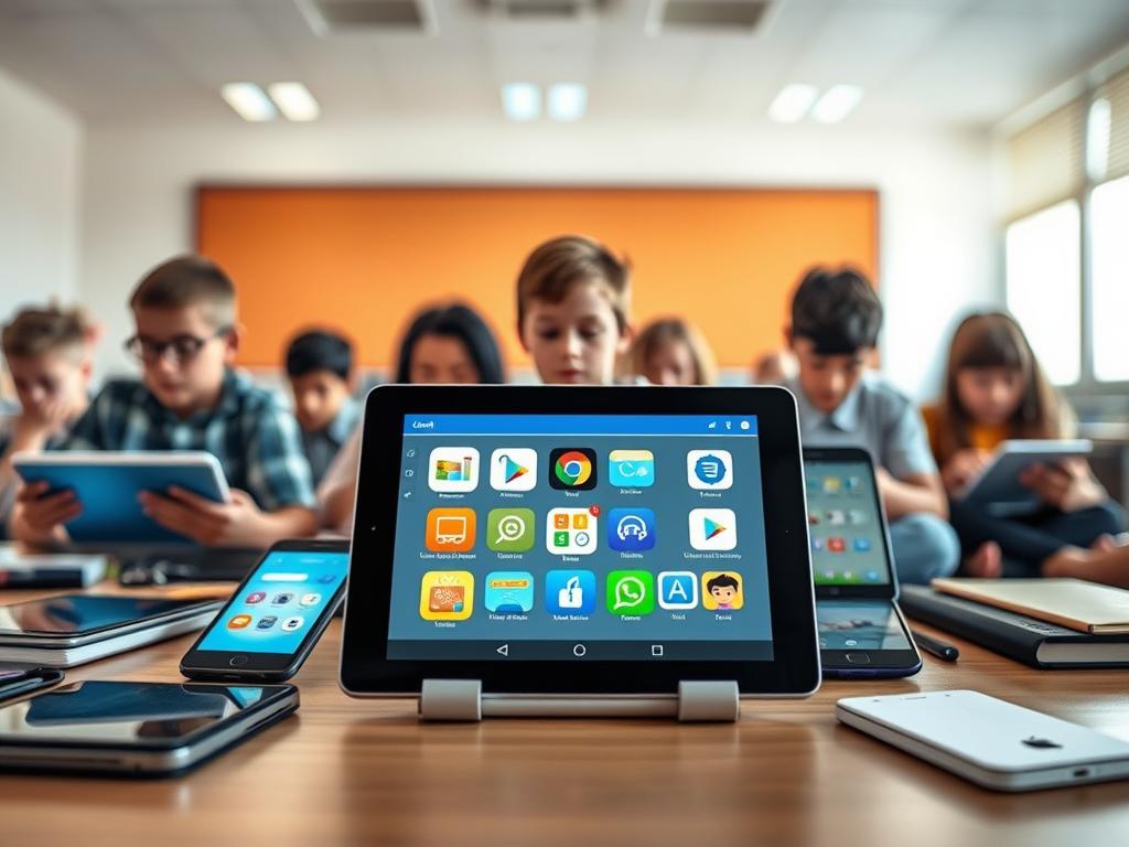 A serene, softly-lit classroom scene showcasing a diverse array of educational mobile apps. In the foreground, a tablet device displays a vibrant, interactive learning interface. Surrounding it, an assortment of smart devices and learning tools create a visually engaging, tech-forward composition. The middle ground features students of varying ages and backgrounds, intently focused on their studies using the innovative apps. In the background, a warm, inviting atmosphere with gentle lighting and muted tones sets the tone for a productive, enriching educational experience. The overall impression conveys the power of mobile technology to enhance and transform modern learning.