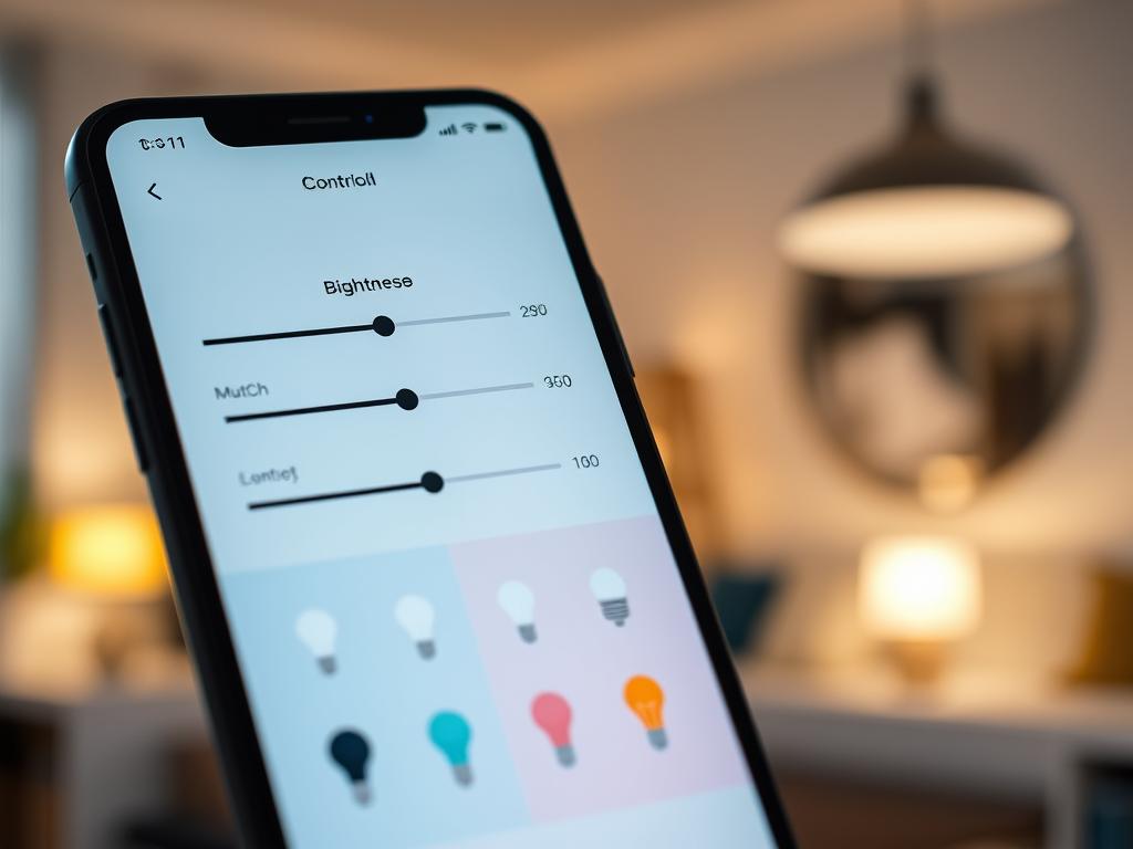 A sleek and modern smartphone screen displaying a user-friendly interface for controlling various lighting options. In the foreground, a minimalist design showcases intuitive sliders and toggles for adjusting brightness, color temperature, and hue. The middle ground features a selection of different light bulb icons, representing the various connected smart lighting devices that can be controlled. In the background, a softly blurred interior scene with ambient lighting, creating a cozy and inviting atmosphere. The overall mood is one of simplicity, convenience, and a seamless integration of technology into the home environment.