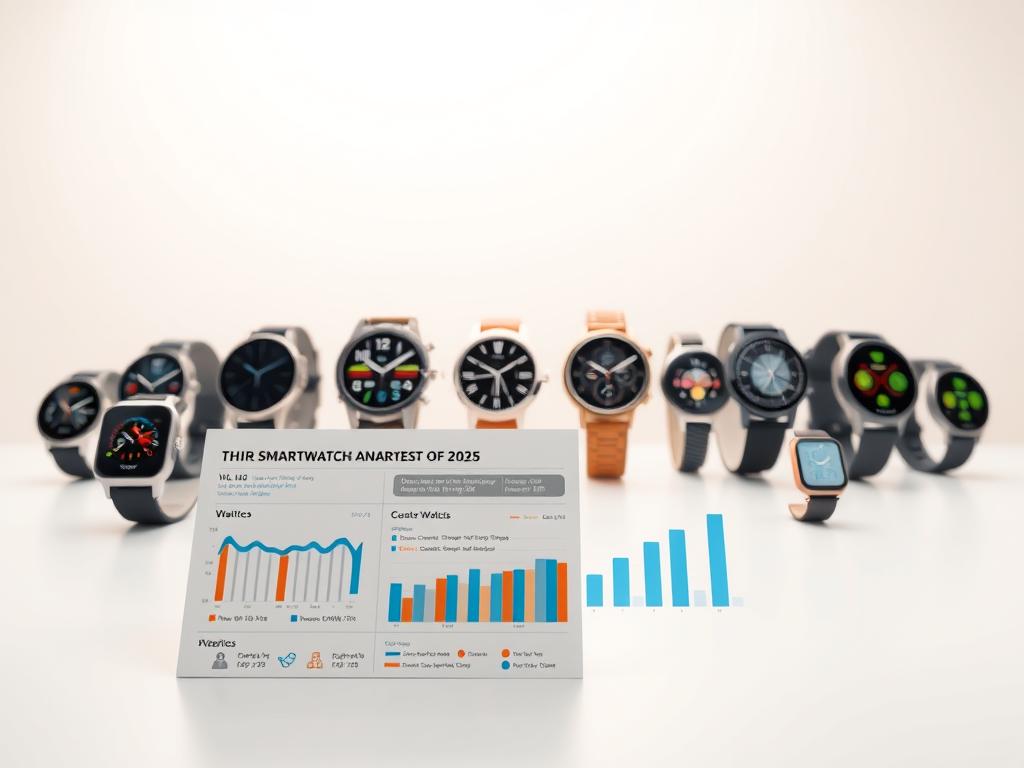 A sleek and modern smartwatch display set against a minimalist background. In the foreground, a detailed analysis of the smartwatch market for 2025, showcasing key metrics, industry trends, and consumer insights in a clean infographic layout. The mid-ground features a collection of various smartwatch models, each meticulously rendered with their distinct designs and features. The background is a soft, gradient-based color scheme that enhances the technological and analytical feel of the scene. Subtle lighting from the side casts a refined glow across the composition, emphasizing the sophisticated nature of the subject matter. The overall aesthetic is polished, data-driven, and reflective of the cutting-edge advancements in the smartwatch industry.