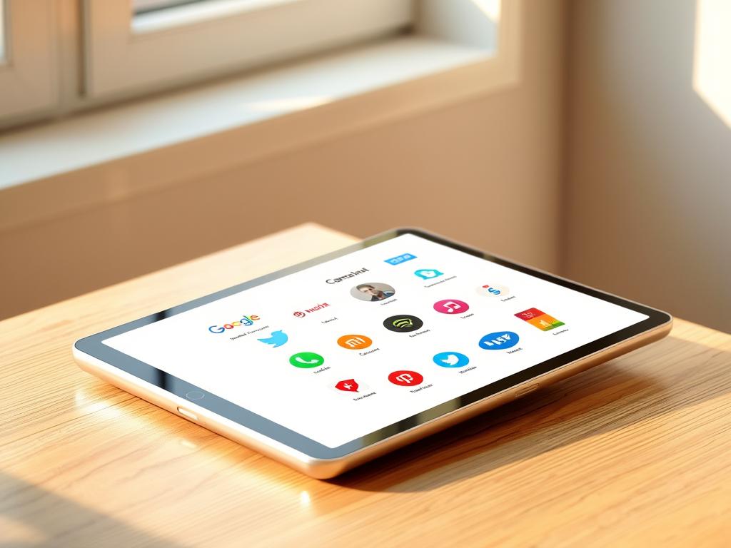 A sleek and modern tablet with a slim metallic frame, resting on a minimalist wooden surface. The screen is bright and vibrant, showcasing a range of popular brand logos against a clean, white background. Warm, natural lighting from a nearby window casts a soft glow, highlighting the device's premium design and high-quality construction. The composition is well-balanced, allowing the tablet to take center stage while hinting at the wider scene. This image captures the essence of a versatile and affordable tablet, suitable for a variety of everyday tasks and media consumption.