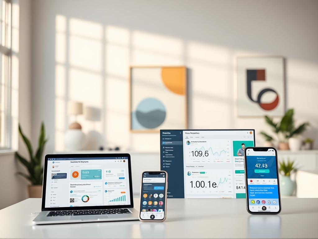 A sleek and modern workspace with a minimalist design. In the foreground, a laptop displaying various social media management tools, their intuitive interfaces and analytics dashboards. In the middle ground, a smartphone with a social media app open, showcasing real-time engagement metrics. The background features a clean, white wall adorned with geometric shapes and abstract art, creating a sophisticated and professional atmosphere. Soft, natural lighting from large windows casts a warm glow over the scene, highlighting the efficiency and organization of the social media management tools. A sleek and modern workspace with a minimalist design. In the foreground, a laptop displaying various social media management tools, their intuitive interfaces and analytics dashboards. In the middle ground, a smartphone with a social media app open, showcasing real-time engagement metrics. The background features a clean, white wall adorned with geometric shapes and abstract art, creating a sophisticated and professional atmosphere. Soft, natural lighting from large windows casts a warm glow over the scene, highlighting the efficiency and organization of the social media management tools.