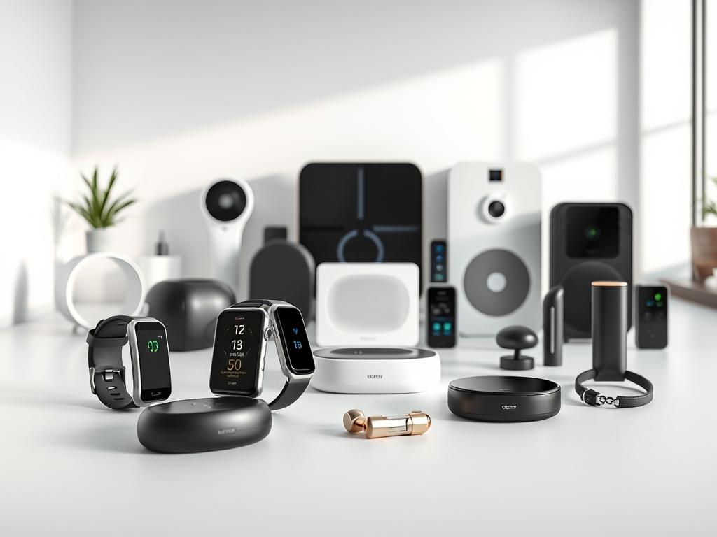 A sleek, modern composition showcasing an assortment of innovative fitness and health gadgets. In the foreground, a collection of compact, ergonomic devices like fitness trackers, smartwatches, and portable massage tools displayed against a clean, minimalist backdrop. The middle ground features discreet, stylish smart home devices like air purifiers and smart scales, seamlessly integrated into the scene. The background subtly hints at a state-of-the-art home gym setting, with clean lines, natural lighting, and a sense of wellness and vitality. The overall mood is one of simplicity, functionality, and a commitment to holistic health and well-being, all within an approachable, affordable price range.