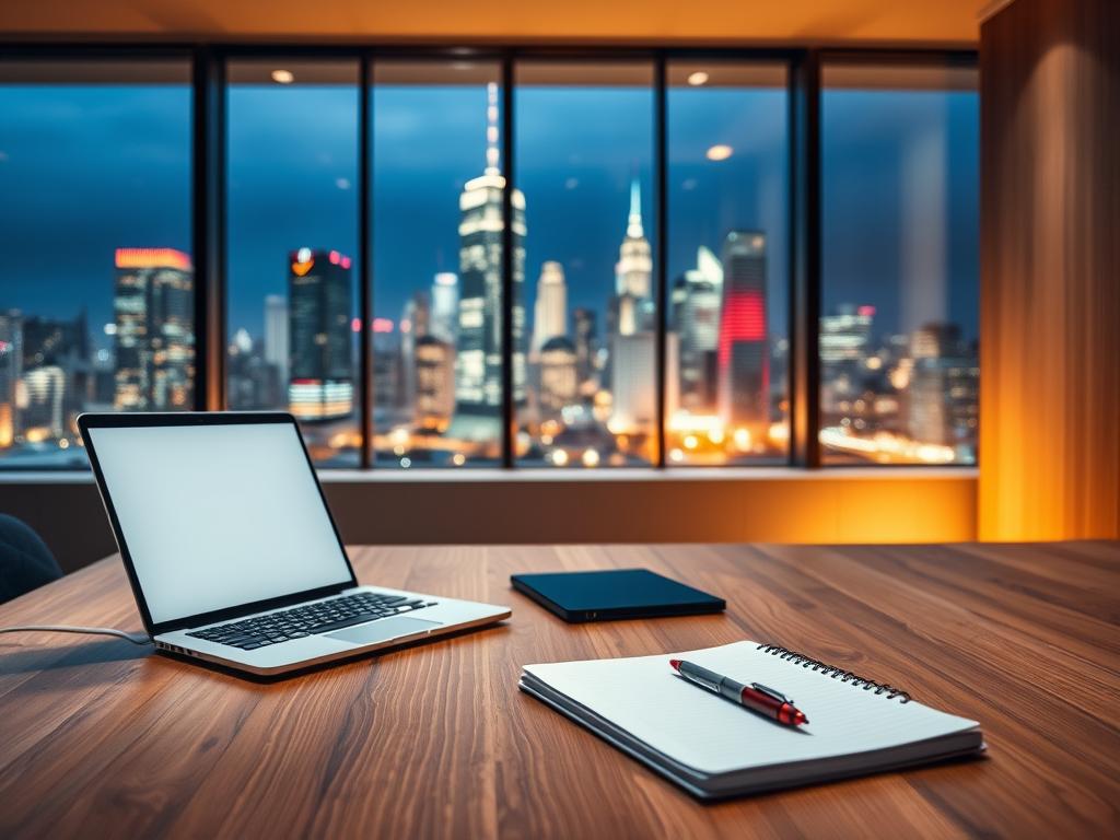A sleek, modern office setup with a laptop, pen, and notebook on a minimalist wooden desk. Warm, indirect lighting casts a soft glow, creating a focused and productive atmosphere. In the background, a large window overlooking a bustling city skyline, suggesting the potential for automated writing to unlock new levels of efficiency and creativity. The overall composition conveys a sense of streamlined workflow and technological advancement, reflecting the "Tipps für effektives automatisches Schreiben" theme.