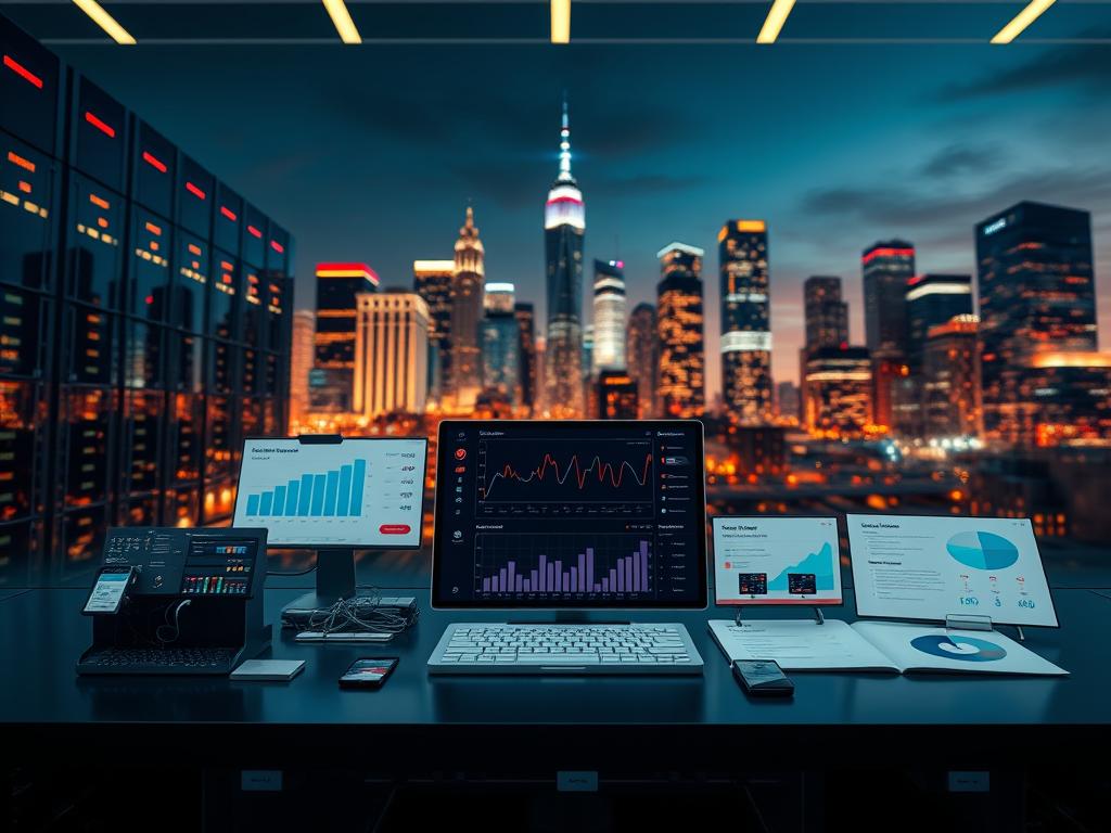 A sleek, modern online business platform against a backdrop of digital technology. In the foreground, various revenue streams and income-generating strategies are visually represented - e-commerce, affiliate marketing, freelancing, etc. The middle ground showcases sophisticated analytics dashboards, automation tools, and networking interfaces. In the background, a cityscape of skyscrapers and servers evokes the scale and interconnectivity of the digital economy. Warm lighting and a minimalist color palette convey a sense of efficiency, professionalism, and opportunity. Captured through a wide-angle lens to emphasize the breadth of online income potential.