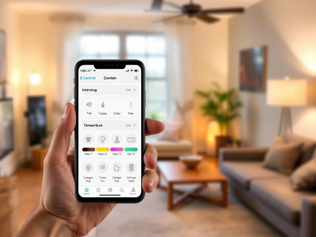 A sleek, modern smartphone with a clean, minimalist interface, its screen displaying a comprehensive control panel for smart home lighting. In the foreground, a hand holds the device, effortlessly adjusting the intensity, color, and temperature of the illumination throughout the room. The background features a cozy, well-lit living space, showcasing the convenience and flexibility of controlling your home's lighting directly from the palm of your hand. The scene exudes a sense of technological sophistication and seamless integration, highlighting the advantages of managing your home's ambiance with the tap of a finger.