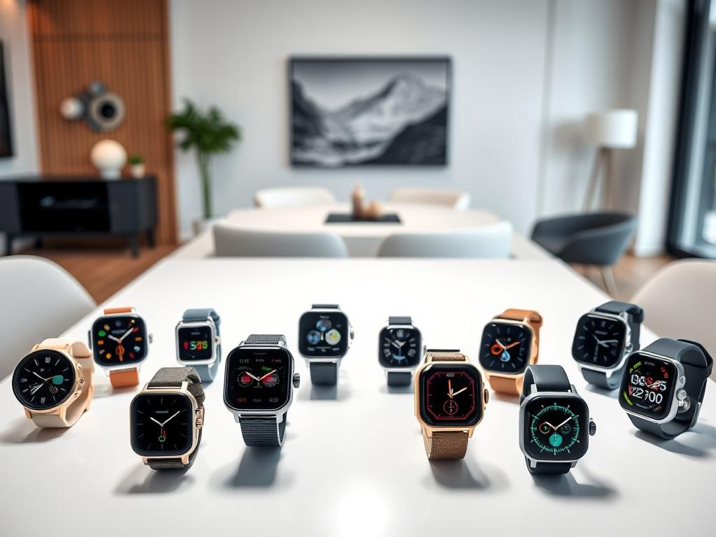 A sleek, modern smartwatch comparison presented in a stylish and informative manner. The foreground showcases an array of smartwatches in various styles and colors, meticulously detailed to highlight their design and features. The middle ground depicts a minimal, sophisticated tabletop setting, with a clean white background and subtle lighting, drawing the viewer's focus to the products. The background subtly hints at a contemporary interior, with hints of warm wood tones and clean, minimalist decor, creating an inviting and aspirational atmosphere. The overall composition conveys a sense of elegance, technology, and consumer-friendly expertise, reflecting the section's "Kaufberatung für die beste Smartwatch" theme.