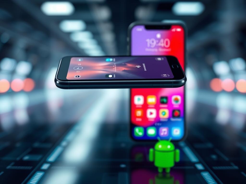 A sleek smartphone with a minimalist, yet elegant iOS interface floats weightlessly in the foreground, casting a subtle shadow on the contrasting, vibrant Android interface below. In the middle ground, a dynamic comparison of the two operating systems' distinct design philosophies and feature sets unfolds, showcasing their unique strengths and capabilities. The background is a softly blurred, high-tech landscape, hinting at the rapid advancements in mobile technology that drive the ongoing competition between these two industry giants. The overall composition exudes a sense of balance, innovation, and the enduring rivalry that has defined the smartphone market for years.
