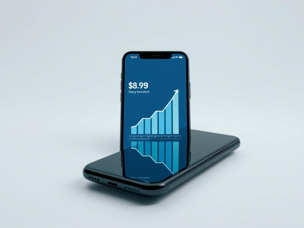 A smartphone displaying a price tag and a budget graph, shot in a clean, well-lit studio setting with a minimalist background. The smartphone is centered in the frame, with a subtle reflection on the glossy surface. The lighting is soft and diffused, creating gentle shadows that accentuate the device's contours. The budget graph appears as a simple, elegant data visualization, complementing the smartphone's design. The overall mood is one of precision, clarity, and attention to detail, reflecting the importance of carefully weighing cost and value when choosing a mobile device.