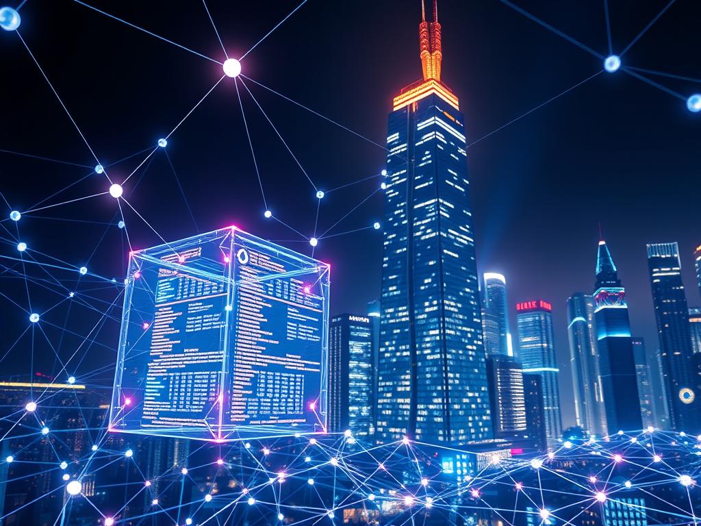 A striking blockchain network visualization, with glowing nodes and interconnected lines pulsing with digital energy. In the foreground, a transparent, holographic-like cube hovers, its facets displaying real-time transaction data and smart contract executions. In the middle ground, a towering blockchain ledger tower rises, its distributed ledger pages flipping and shimmering with cryptographic hashes. The background features a cityscape of futuristic skyscrapers, their facades embedded with blockchain-enabled smart sensors and IoT devices. Dramatic lighting casts deep shadows, conveying the transformative power and potential of this innovative technology. Cinematic in scope, the image captivates with its blend of technical complexity and visually striking design.