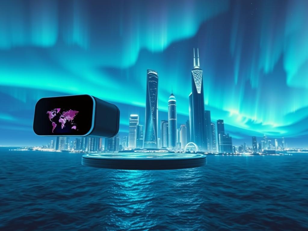 A surreal and captivating virtual reality landscape, with a futuristic metropolis rising from a glistening ocean. In the foreground, a sleek, holographic interface hovers, showcasing vivid digital worlds. The middle ground features towering, gleaming skyscrapers, their facades shimmering with dynamic lighting and projection-mapped visuals. In the background, a vast, boundless sky with shifting aurora borealis-like patterns, creating an awe-inspiring, otherworldly atmosphere. The scene is bathed in a cool, cyan-tinted glow, conveying a sense of technological wonder and immersive digital experiences. Cinematic camera angles and a dramatic, cinematic depth of field bring this vision of the future to life.