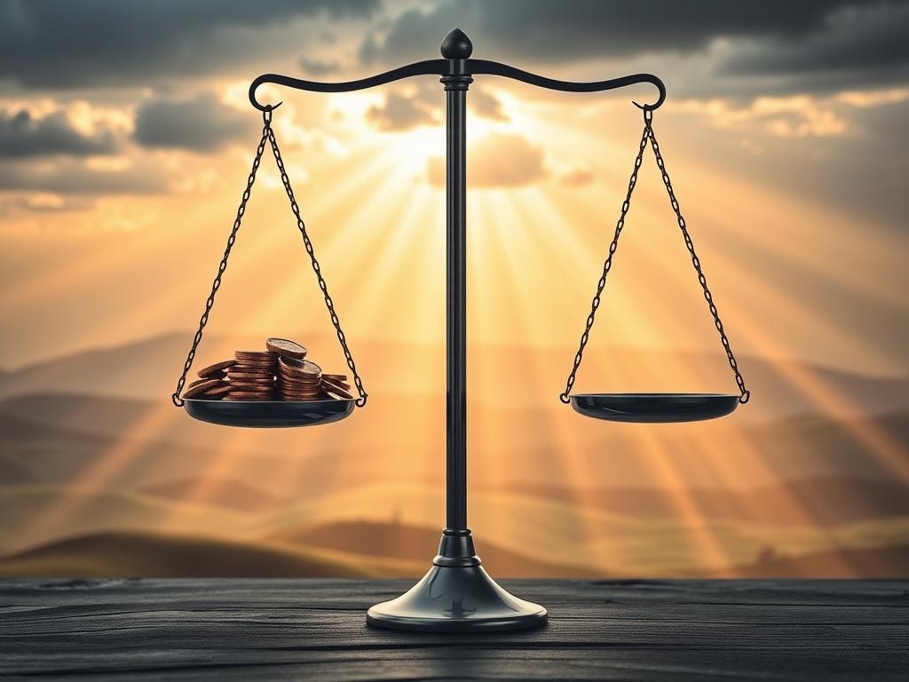 A thoughtful illustration of the risk-reward relationship, captured in a striking visual metaphor. In the foreground, a set of balanced scales, one side weighted with coins, the other with a danger symbol. The scales are suspended in mid-air, emphasizing the delicate equilibrium. The middle ground features a landscape of rolling hills, representing the varied terrain of investment opportunities. Rays of warm, golden light filter through, creating a sense of optimism and potential. In the background, a thundercloud looms, hinting at the ever-present risks. The composition conveys the careful consideration required when weighing financial decisions, inviting the viewer to ponder the nuances of risk and reward.