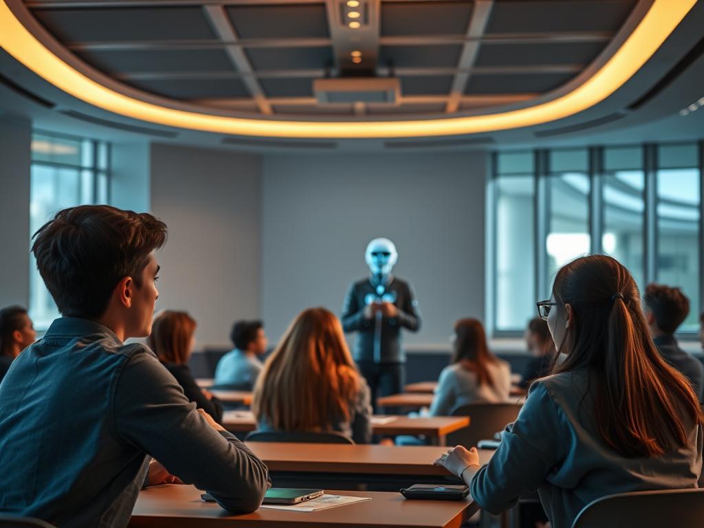 A tranquil classroom setting, illuminated by soft, warm lighting from above. In the foreground, a group of students engaged in thoughtful discussions, their faces aglow with the projections of holographic displays. In the middle ground, an AI-powered learning assistant guides the students, seamlessly integrating cutting-edge technology into the educational experience. The background showcases a futuristic, yet inviting environment, with sleek, minimalist design elements and large windows allowing natural light to filter in. The overall atmosphere conveys a sense of innovation, collaboration, and a transformed approach to learning, where AI enhances and empowers the educational journey.