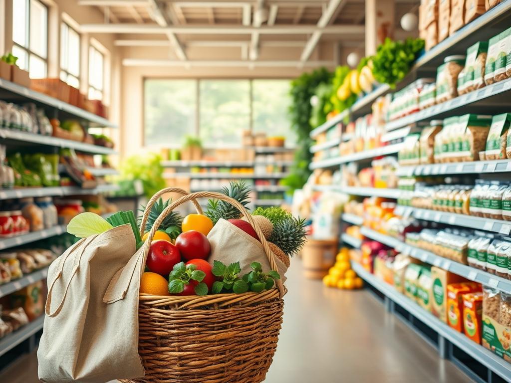 A vibrant and inviting supermarket aisle filled with an array of sustainable and eco-friendly grocery items. In the foreground, a basket overflows with reusable cloth bags, fresh produce, and recyclable packaging. The middle ground showcases shelves stocked with organic, locally-sourced foods, plant-based alternatives, and bulk bins for grains and legumes. In the background, natural lighting filters through large windows, casting a warm, earthy glow over the scene. The overall atmosphere evokes a sense of mindful, responsible consumption, encouraging the viewer to make conscious, sustainable choices during their everyday shopping trips.