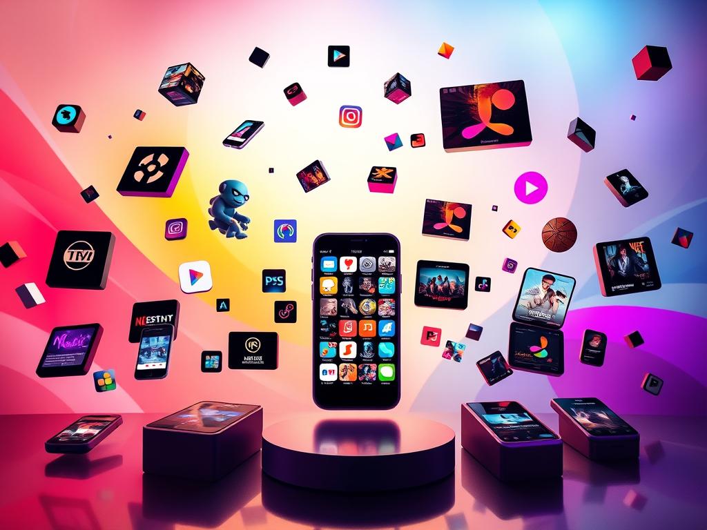 A vibrant, modern entertainment app display showcasing a diverse array of interactive experiences. In the foreground, sleek app icons and interfaces float against a backdrop of dynamic, abstract shapes and gradients, creating a visually captivating and immersive atmosphere. The middle ground features a stylized smartphone device, its screen illuminated with a colorful, ever-changing mosaic of app previews, hinting at the wealth of engaging content within. The background is bathed in a soft, diffused light, with subtle hints of geometric patterns and motion, suggesting the seamless integration of technology and entertainment in the user's digital life. The overall aesthetic is polished, sophisticated, and designed to inspire exploration and delight.
